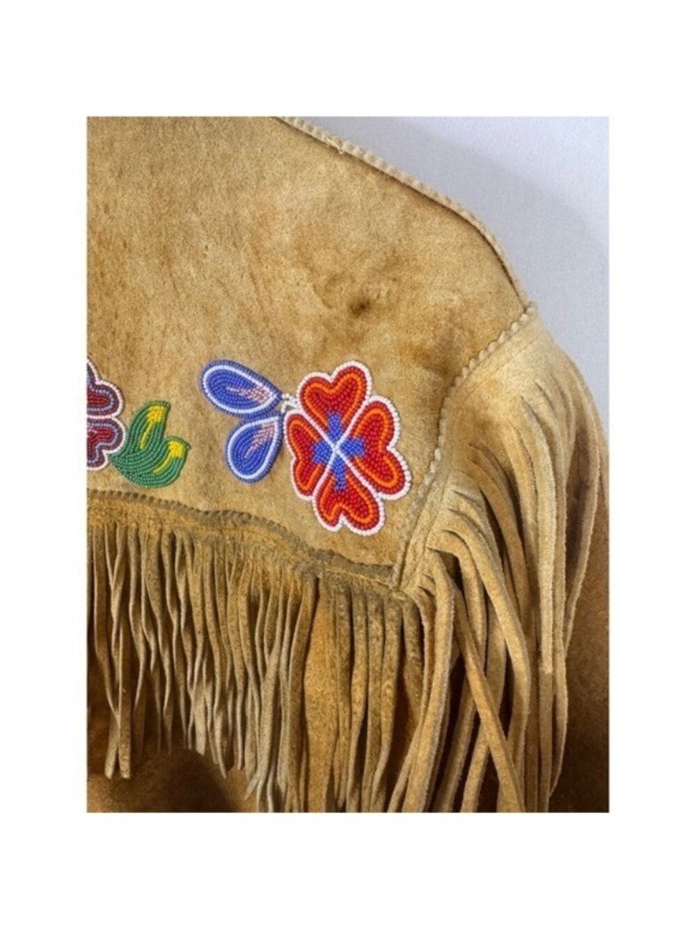 Vintage Buckskin Western Beaded Fringe Jacket Leather Floral Native Crop Women S - Picture 7 of 16